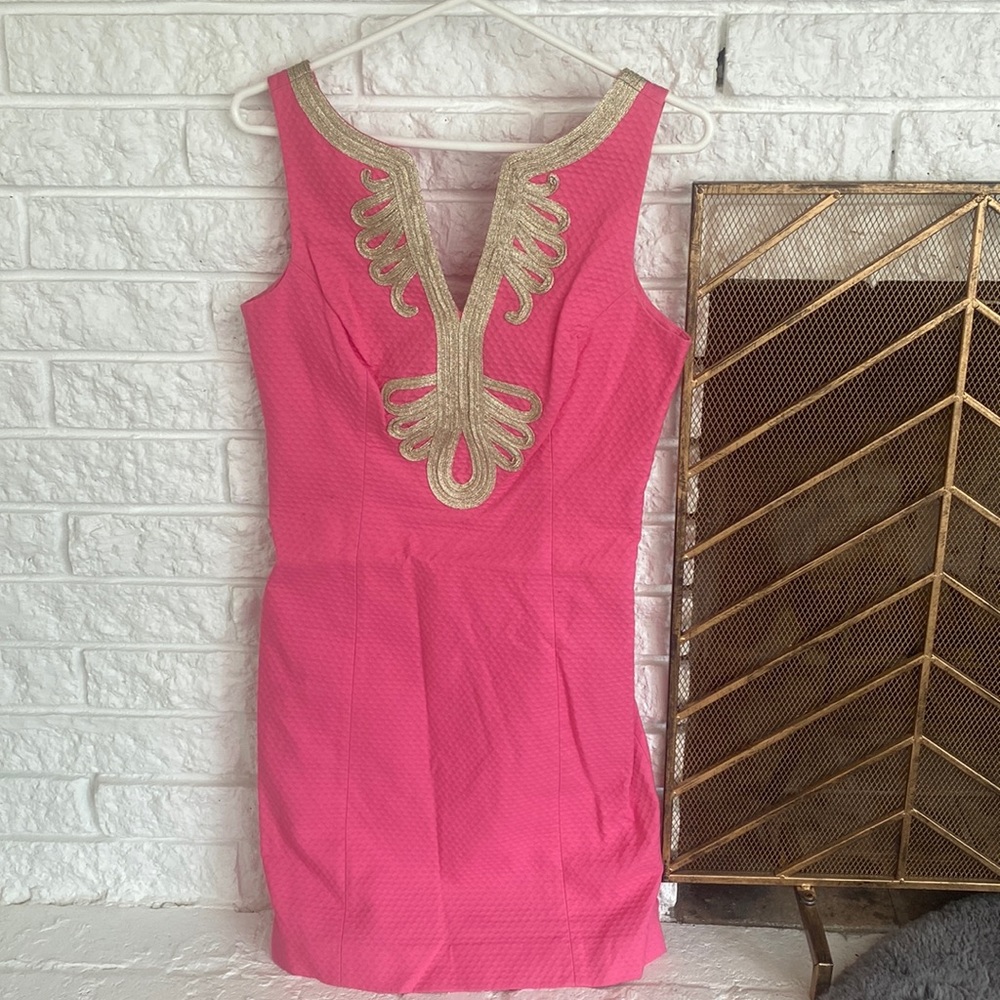 Pink and gold Lily Pulitzer dress.